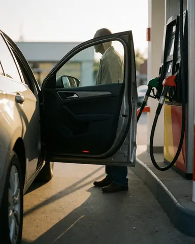 A customer stands by an open car door at a gas station during sunset, with visible pump display and long shadows on concrete.