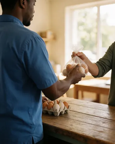 Worker hands a bag of fresh eggs to a happy customer at a rustic wooden table in a poultry farm setting with natural light.