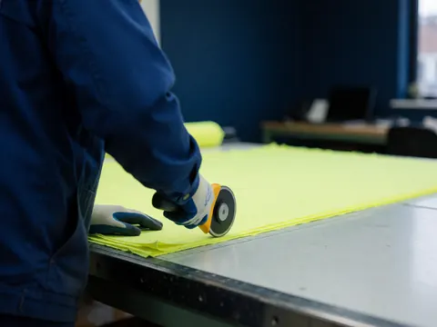 A worker in a factory cutting layers of neon yellow fabric using a rotary cutter on an industrial table.