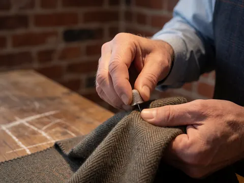 Close-up of a hand with a sewing thimble on thick wool fabric over a wooden table with chalk marks in a textile workshop.