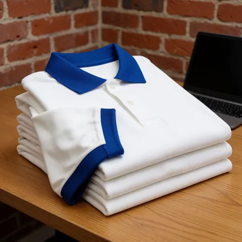 Stacks of white polo shirts with blue collars and cuffs on a wooden table against a red brick wall, showcasing textile manufacturing products.