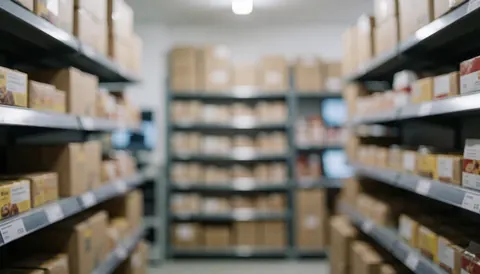 Blurred background of metal shelves holding pet food boxes, suitable for pet store websites and commercial text overlays.