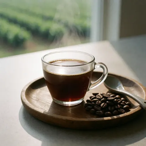 Steaming black coffee cup with roasted beans on a wooden plate against a blurred green background
