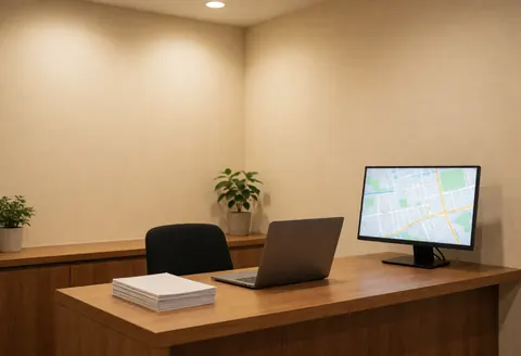 Tour operator office featuring a wooden desk, monitor displaying a map, laptop, and plants against beige walls