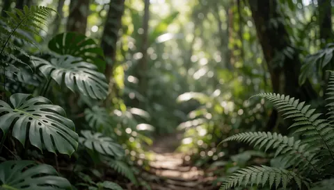 A winding path through a dense tropical forest with monstera leaves and ferns, illuminated by dappled sunlight, suitable for nature tour backgrounds