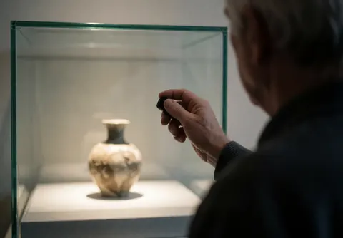 Tour guide using a clicker to point at an ancient ceramic vase displayed in a museum vitrine during an educational service.