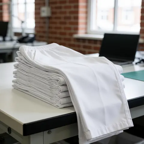 Folded white medical pants on an industrial cutting table with red brick walls and natural light for textile manufacturing