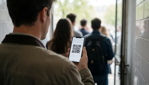 Back view of a tourist holding a smartphone with a QR code while standing in line at a tiled entrance for a tour operator.