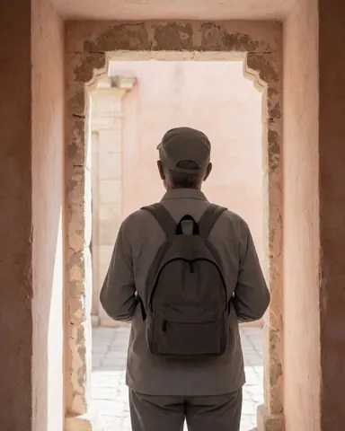 Adult wearing a cap and backpack viewing historic architecture from an entrance with natural light, suitable for travel agencies.