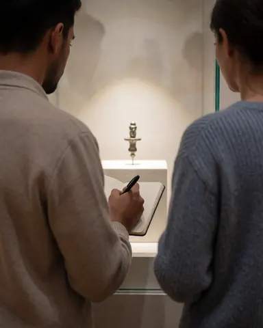 A visitor writes notes in a notebook while observing a metal artifact displayed in a lit glass case at a museum.