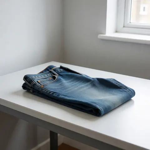 Pair of folded jeans resting on a white surface with gray walls and natural lighting