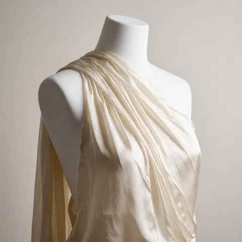 Beige silk blouse with delicate pleats displayed on a white mannequin against a neutral background, ideal for luxury fashion and textile product photography.
