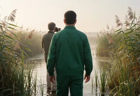 Guide in green uniform walking through wetlands with a tourist taking photos in morning light