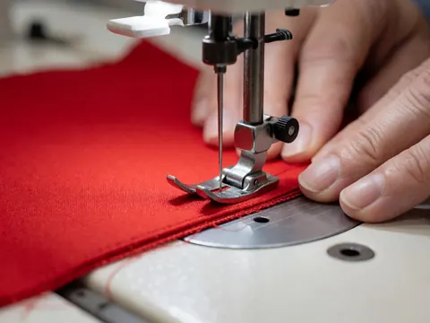 Close-up of a sewing machine needle piercing red textile with visible stitching under the metal presser foot.
