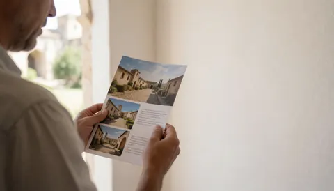 A traveler stands in a historic plaza with white walls, reading a tourism brochure under natural light, suitable for a tour operator website.