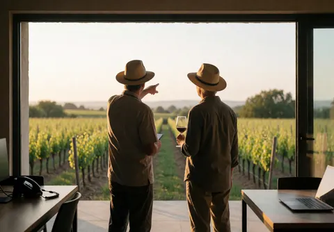 Two people in a vineyard at sunset, one pointing to the horizon, the other holding a wine glass, golden light