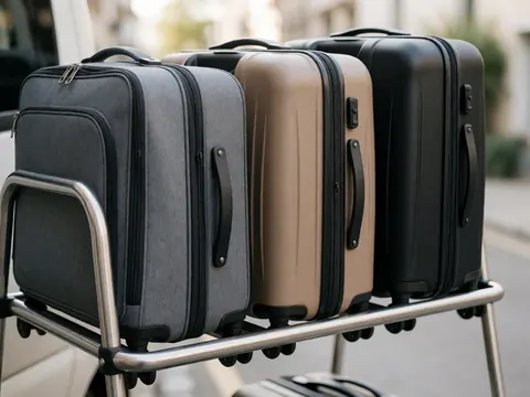 Gray, beige, and black suitcases on a metal rack at a tour operator location, ready for travel on a quiet street.
