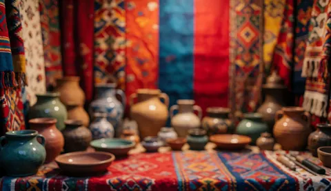 Vibrant handmade pottery and colorful woven fabrics displayed on a market stall, serving as a textured background for tourism and travel themes.