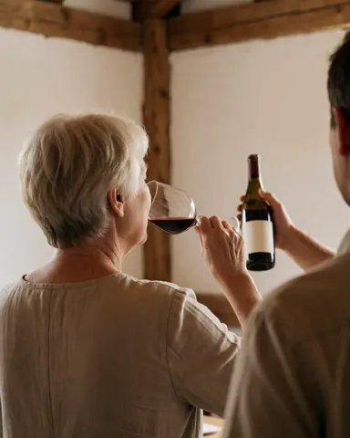A woman sips red wine in a rustic winery while a guide pours from a bottle, featuring wooden beams and white walls.