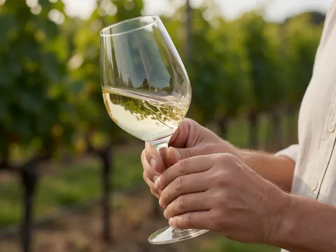 Close-up of a hand holding a glass of white wine in a vineyard, ideal for tour operator websites.