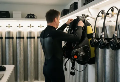 A diver in a black wetsuit organizes their BCD on a metal rack with air tanks and regulators in a clean, well-lit equipment room.