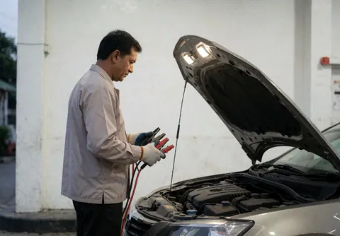 Mechanic wearing gloves connects jumper cables to a car battery with the hood open at a gas station.