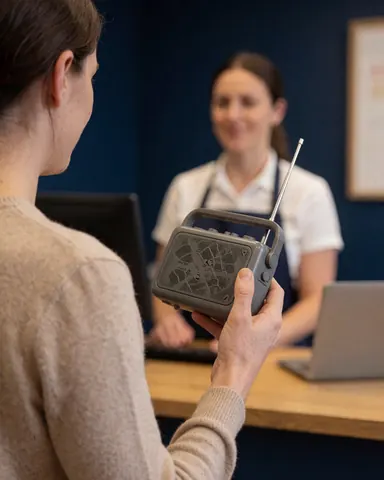 A satisfied customer holding a gray portable radio while being assisted by a smiling employee at a modern gas station with blue walls.