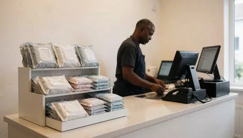 Cashier at gas station counter with wet towel packages and cash register computers against warm white walls