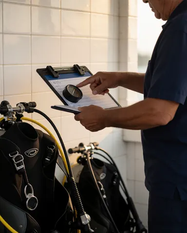 Diving instructor inspecting scuba gear pressure gauge on a dock with white tiled walls under warm lighting