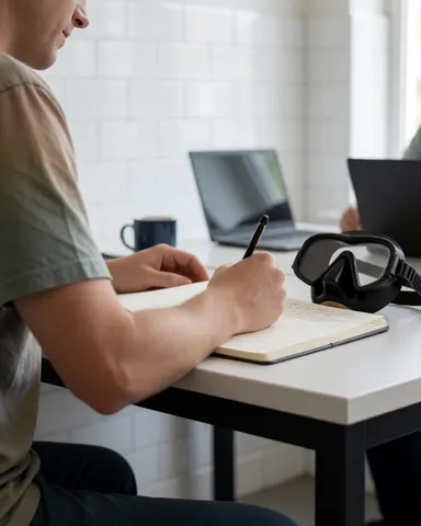 Close-up of a student writing in a notebook with a scuba diving mask on a table in a tiled room during a theory class.
