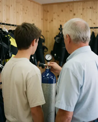 Diving instructor filling a blue air tank for a young client in a shop with hanging gear and wooden walls