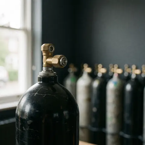 Close-up of a black scuba tank with a bronze valve, with other tanks in the background at a dive shop with gray walls