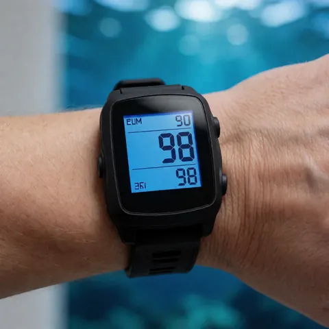 A dive watch with a blue display showing data, held in hand against a blue water background for a diving school