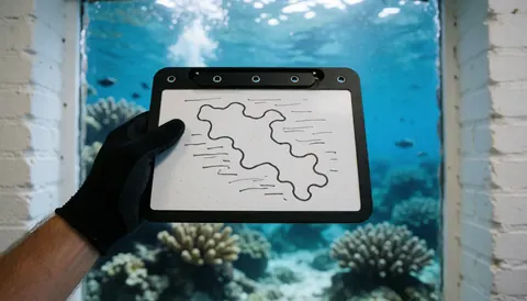 Hand in black glove holding a coral reef map board against a blue water background with white brick wall, suitable for diving school team use