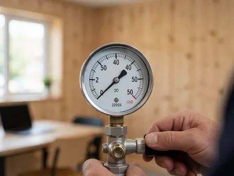 Close-up of a hand adjusting a pressure gauge valve in a dive shop with a wooden wall background