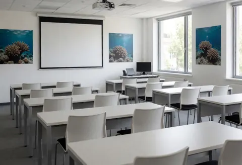 An empty diving school classroom featuring tables and chairs, with walls decorated with underwater coral images and natural light from windows.