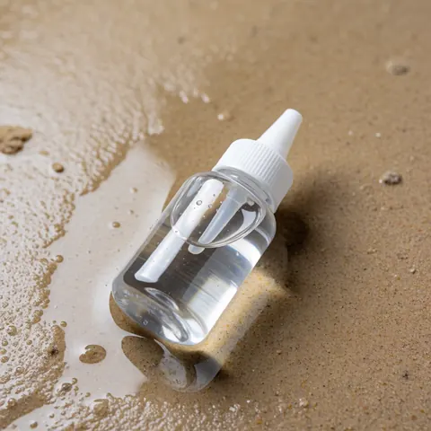 A container of fresh water with condensation drops sitting on wet sand, suitable for a diving school setting.