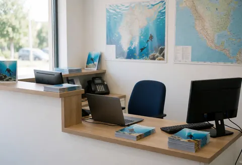 Reception desk at a dive center featuring immersion maps, a computer, and brochures in a clean, professional environment.