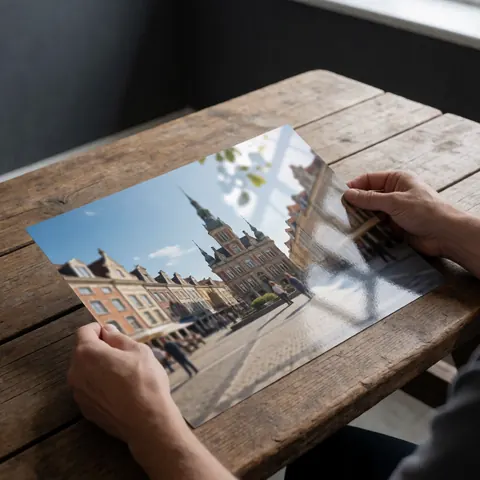 Hands holding a printed photo of a historic plaza on a rustic wooden table, suitable for travel agencies.