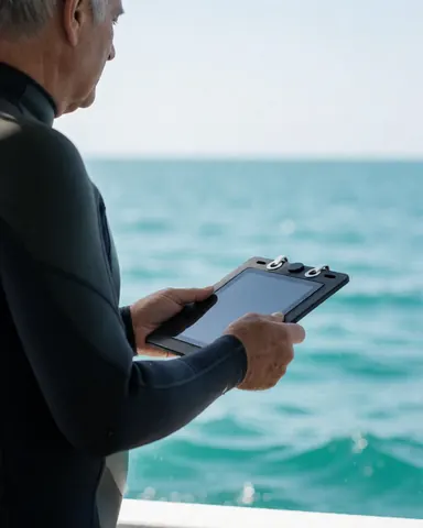 A smiling customer in a wetsuit holding a dive slate while looking at the turquoise sea from a boat