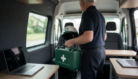 Tour guide holding a first aid kit and helmet inside a van with work tables and laptops for a travel agency website