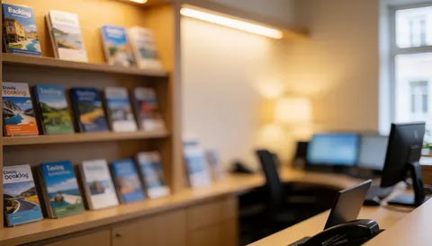 A travel agency office featuring a brochure rack, computers on a desk, and warm lighting.