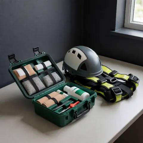 Open first aid kit with bandages and antiseptic next to a safety helmet and arrecho on a white table with gray walls and natural light