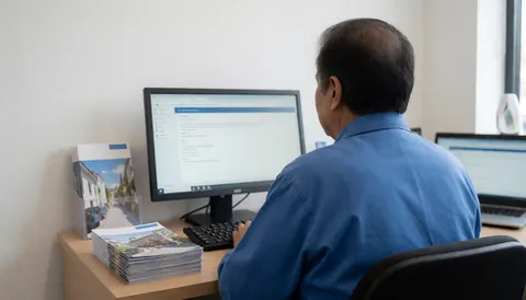 Tour operator employee working on a computer with travel brochures in a modern office with white walls and natural light.