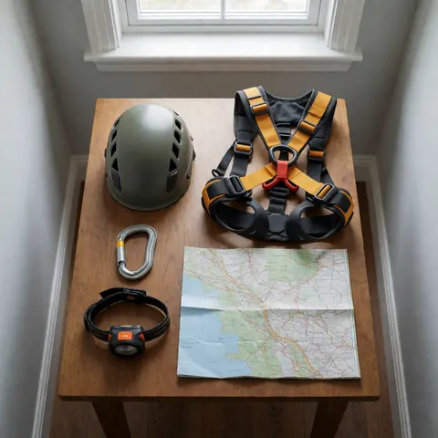 Adventure equipment including helmet, harness, carabiners, flashlight, and map arranged on a wooden table for travel agencies.