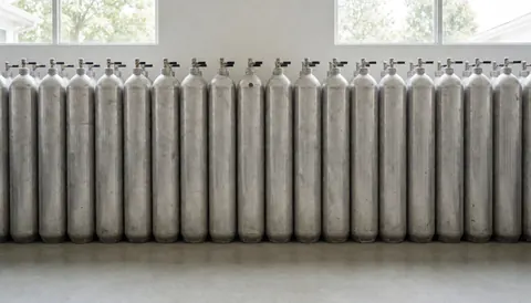 Aluminum diving tanks lined up against a clean white wall with natural light, suitable for a diving school website hero section