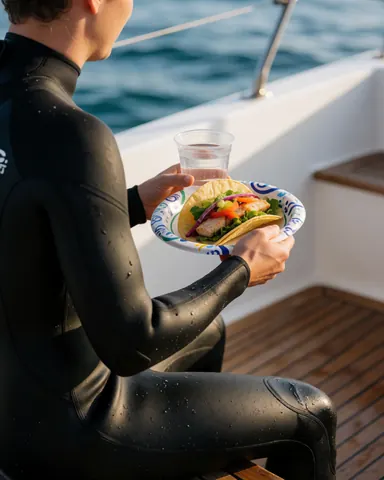 A diver in a black suit enjoys a fresh taco on the wooden deck of a boat with the sea in the background.