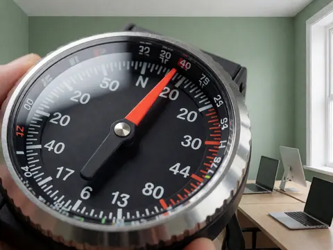 A diving compass with a red needle pointing north, held in a hand against a green wall with natural light.