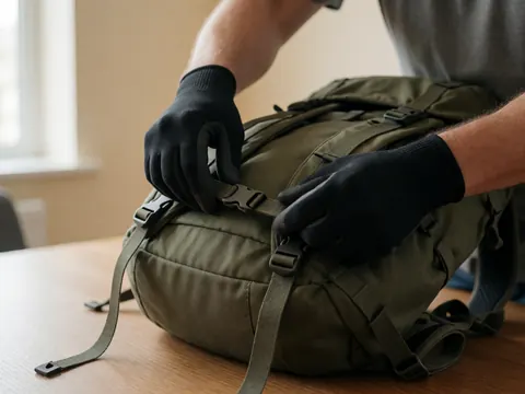 Gloved hands adjusting a hiking backpack strap on a wooden table with natural light and a beige wall