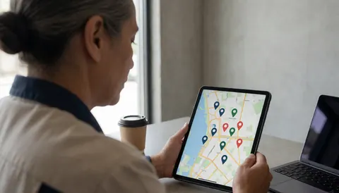 Tour guide reviewing a map with pins on a tablet, with coffee and concrete wall, natural light, professional uniform.